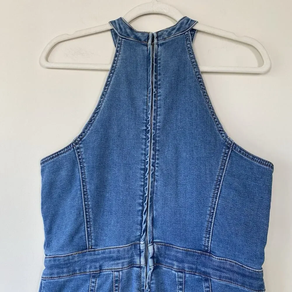 Free People We The Free CRVY Sydney Denim Jumpsuit SIZE 12 Stretch Boho Festival